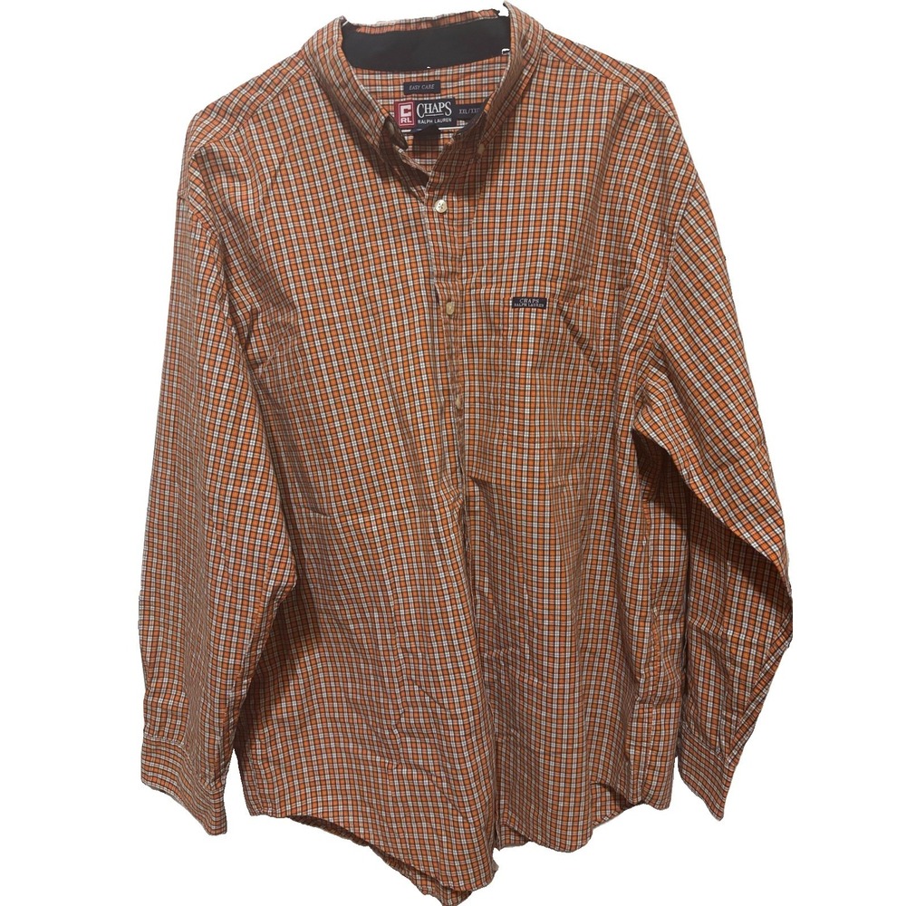 Chaps Ralph Lauren Mens 2XL Orange White Plaid Easy Care Button Down